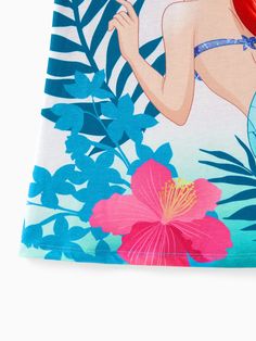 the little mermaid swimsuit is on display in front of a white background with blue and pink flowers