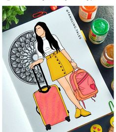 a drawing of a girl with luggage on the cover of a coloring book, next to some markers and pens