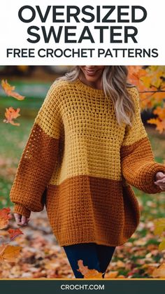 a woman wearing an oversize sweater with text overlay that reads free crochet patterns