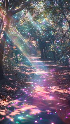 the sun shines brightly through the trees and leaves on the ground in this colorful forest