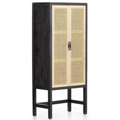 a tall wooden cabinet with two doors and wicker panels on the front, against a white background