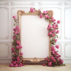 an ornate gold frame with pink roses on the floor in front of a white wall