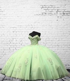 Elegant Sage Tulle Quinceanera Dress, Poofy Ball Gown For Girl's 15th birthday party ! Dress Poofy, Enchanted Forest Prom, Green Quinceanera Dresses, Off The Should Dress, Masquerade Ball Gown