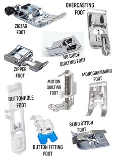 several types of sewing foot attachments with instructions on the bottom and bottom part in english