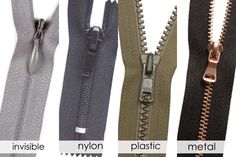 four different types of zippers are shown in three different colors and sizes, each with an open end