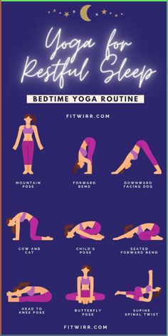 the yoga for restful sleep bedtime yoga routine is shown in pink and blue