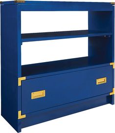 a blue bookcase with two drawers and gold handles on the bottom, against a white background