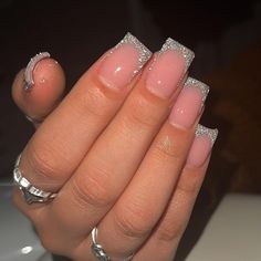 Sparkly Silver Tip Nails, Nails Pink And Silver Glitter, Short French Tip Acrylic Nails With Glitter, Short French Tip Glitter Nails, White French Tip Nails Square Glitter, Glitter Short French Tip Nails, Silver Nails Ideas Square, Pink And Silver Nails Acrylic Short, Sparkling Acrylic Nails