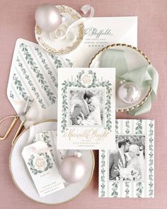 the wedding stationery is laid out on a table