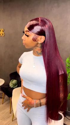 99J Burgundy Color Straight Hair 13x4 HD Lace Front Wigs/4x4 HD Lace Closure Wig Pre Plucked Hairline Real Human Hair Wigs-Geeta Hair Color Straight Hair, Frontal Wig Hairstyles, Birthday Hairstyles, Pretty Accessories, Dyed Hair Inspiration, Frontal Hairstyles, Pretty Braided Hairstyles, Burgundy Hair, Dope Hairstyles