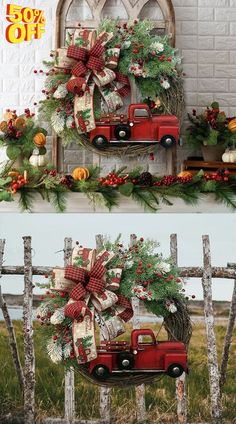 christmas wreaths and decorations on display in front of a brick wall with an old truck