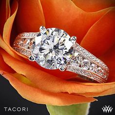 a diamond ring sitting on top of a rose with the words tacori written below it