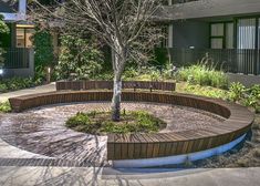 a circular wooden bench sitting next to a tree