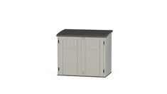 an outdoor storage shed with the door open and two doors closed, on a white background