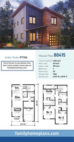 two story house plan with garage and living room in the front, an open floor plan for