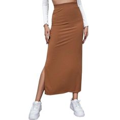 Lasaky - Solid Color High-Waist Split Hem Midi Skirt Long Knit Skirt, Maxi Pencil Skirt, Bodycon Pencil Skirt, Knit Maxi Skirt, Party Rock, Hip Skirt, Summer Elegant, Skirt Summer, Knit Midi Skirt