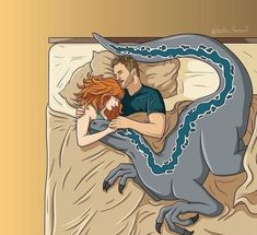 a man and woman laying in bed next to each other with a dragon on their back