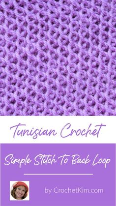 a purple knitted blanket with text that reads,'simple stitch to back loop '