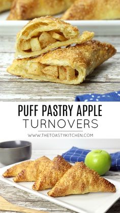 puff pastry apple turnovers on a white plate with an apple in the background and text overlay