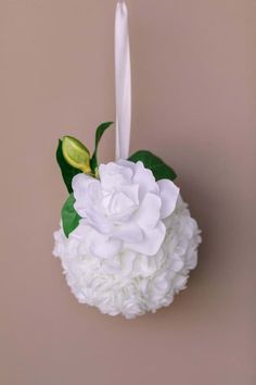 a white flower hanging from the side of a wall