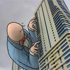 a cartoon character is in front of a tall building with his hands out to the side