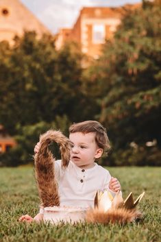 a little boy sitting in the grass with a cat tail