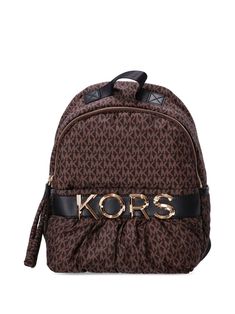 dark brown gold-tone logo plaque monogram pattern single flat top handle all-around zip fastening two adjustable shoulder straps Monogram Canvas Bag With Logo Hardware For Travel, Brown Monogram Canvas Bag With Logo Hardware, Brown Monogram Canvas Bags With Logo Hardware, Designer Brown Bags With Logo Hardware, Designer Michael Kors Bags With Logo, Luxury Brown Backpack With Logo, Michael Kors Designer Backpack With Adjustable Strap, Designer Michael Kors Backpack With Zipper Closure, Designer Michael Kors Backpack With Adjustable Strap