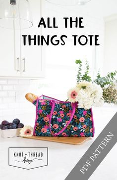 a bag with flowers and berries on the counter in front of it is an ad for knot