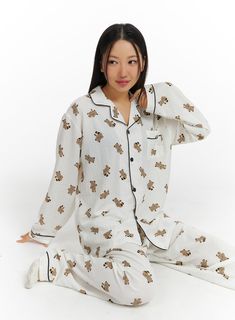 teddy-graphic-pajama-set-if421 / White Casual Printed Cotton Sleepwear, Casual Button-up Sleepwear For Spring, Cotton Sleepwear With Graphic Print For Lounging, Graphic Print Long Sleeve Sleepwear For Lounging, Casual Printed Long Sleeve Sleepwear, Casual Long Sleeve Printed Sleepwear, Cotton Button-up Sleepwear For Lounging, White Relaxed Fit Sleepwear For Fall, Relaxed Fit Sleepwear With Graphic Print For Lounging