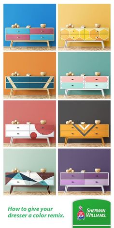 an advertisement for furniture with different colors and designs on the front, side, and back