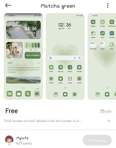 an iphone screen with the text matcha green on it and two screens showing different icons