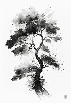 a black and white painting of a tree