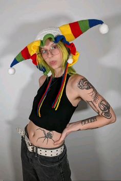 handmade #crochet #clown hat with ruffles and pompoms 🖤 #clowncore #clowning #jester #pierrot Fitted Multicolor Hat For Carnival, Playful Multicolor Carnival Hats, Multicolor Hat For Carnival, Clowncore Crochet, Crochet Jester Hat, Ugly Clowns, Clown Collar, Personalized Crochet, Clown Hat