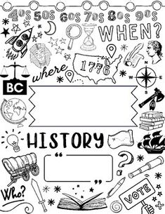 a black and white drawing of different things in the sky with words above them that say history