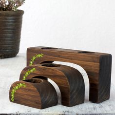 three wooden blocks with plants growing out of them sitting on a table next to a potted plant