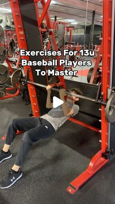 a man is doing an exercise on a bench in a gym with the words exercises for 13u baseball players to master