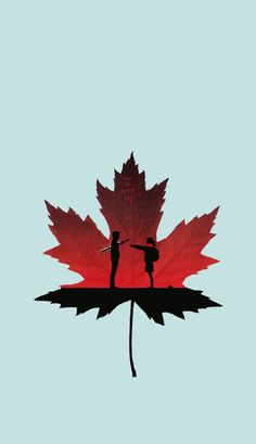 two people standing on top of a leaf with the shadow of a person holding a knife