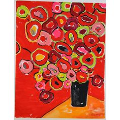 a painting of a vase filled with red flowers