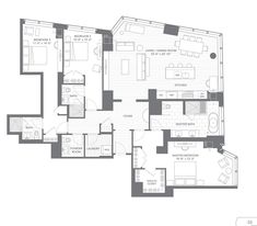 the floor plan for an apartment with three bedroom and two bathroom areas, including one living room