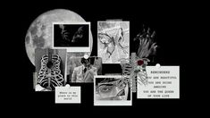 a collage of photos with words and pictures on them, including an image of the moon