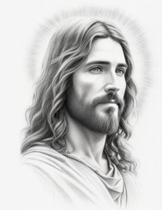 a drawing of jesus with long hair and beard