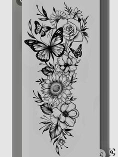 a black and white drawing of flowers with butterflies