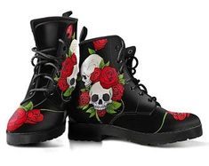 Offering the most colorful hand-made gifts and by threaddomain Roses Gothic, Skull And Roses, Combat Style, Punk Boots, Skulls And Roses