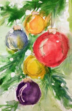 a watercolor painting of christmas ornaments hanging from a tree