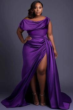 Xpluswear Design Plus Size Formal Purple Oblique Collar Cap Sleeve Split Ruffled Fold Satin Maxi Dresses - Xpluswear Plus Size Gala Dress, Plus Size Gowns Formal, Winter Tips, Plus Size Evening Gown, Dresses Occasion, Plus Size Gowns, Plus Size Bridesmaid, Purple Bridesmaid Dresses, Plus Size Formal