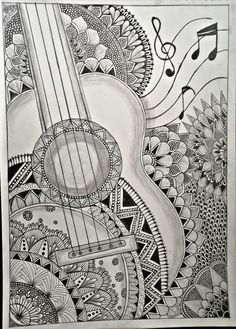 a drawing of an acoustic guitar with music notes on the strings and flowers in the background