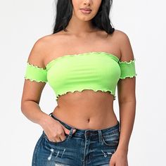 Off-Shoulder, Accent Sleeve, Neon Crop Top. Ruffled Hem Stitch. Stylish. Summer Wear. Green Off-shoulder Crop Top For Spring, Green Trendy Tube Top For Spring, Trendy Green Strapless Crop Top, Green Tube Top For Spring, Green Strapless Top For Day Out, Green Off-shoulder Crop Top For Summer, Trendy Green Off-shoulder Top, Green Stretch Summer Crop Top, Summer Stretch Green Crop Top