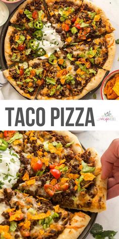 taco pizza is shown in two different pictures with the same toppings on it