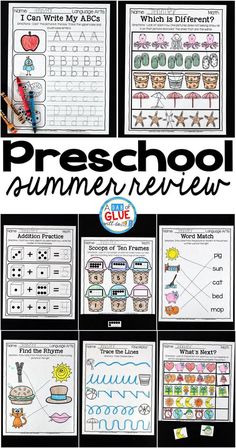 the preschool summer review is shown with pictures of different activities and words to help students practice their writing skills