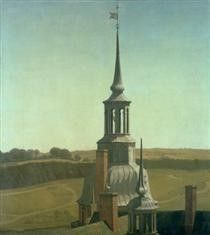 a painting of a church steeple on top of a building